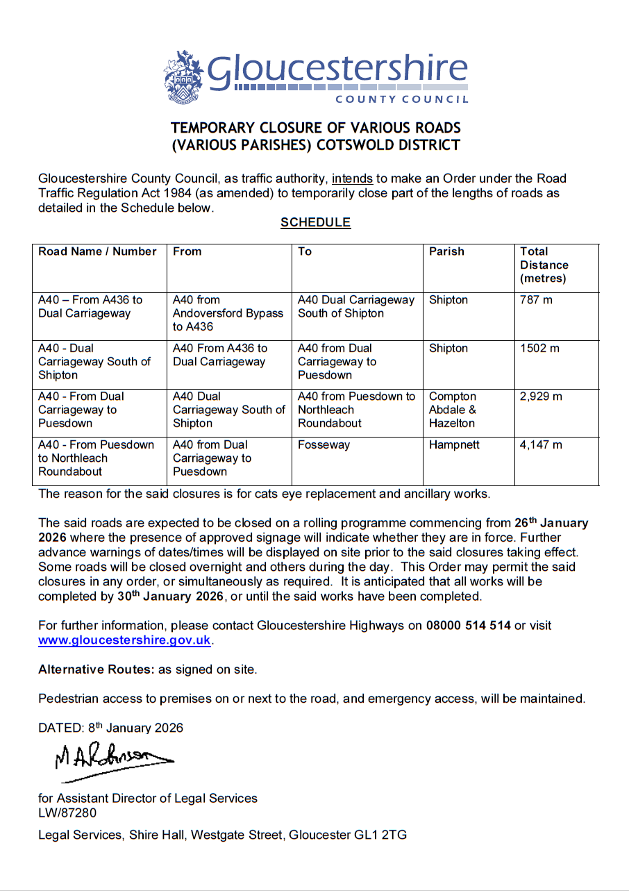 Shipton Village Forthcoming Road Closures