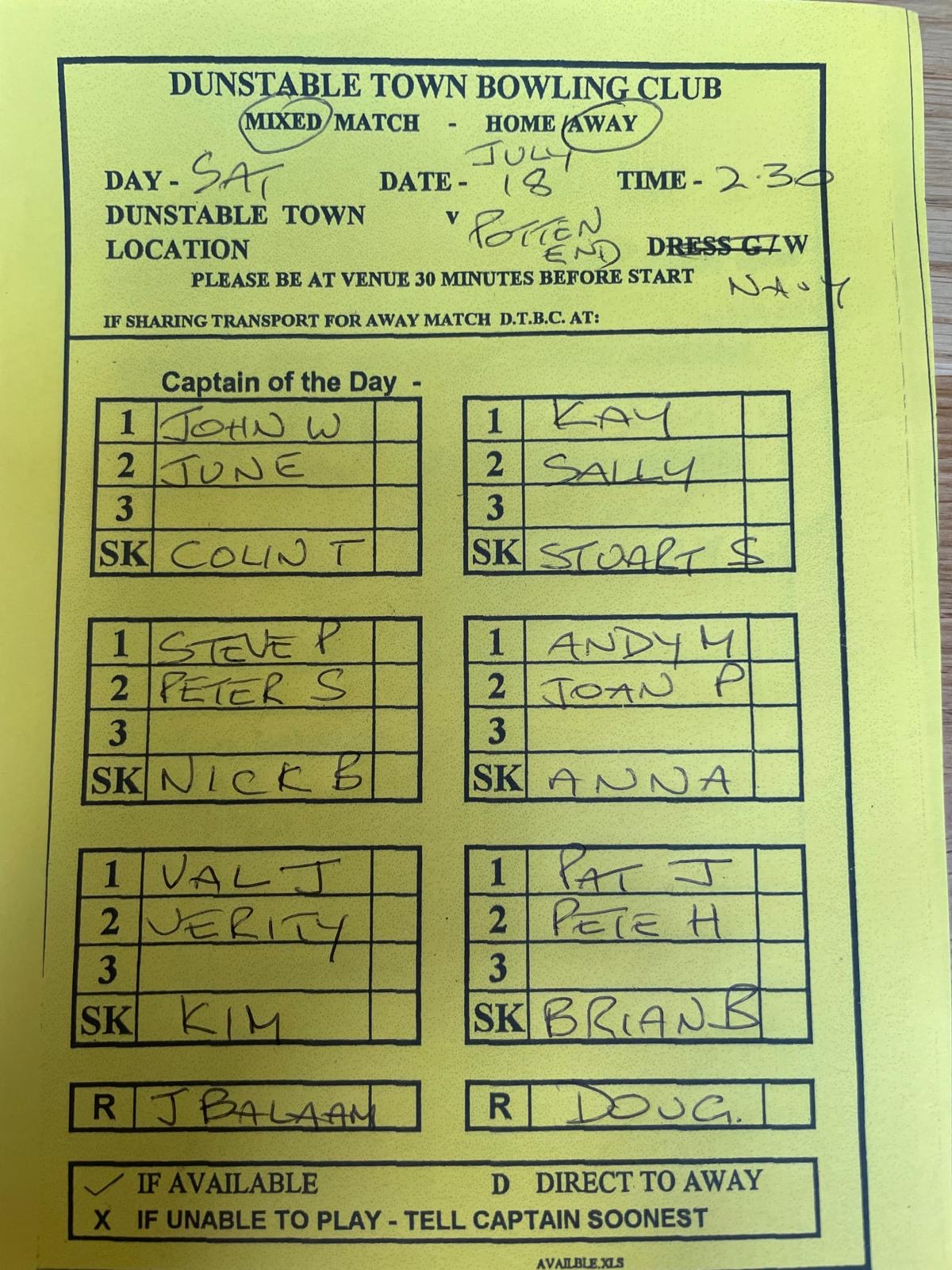 Away to POTTEN End 18/7/26 at 2.30pm