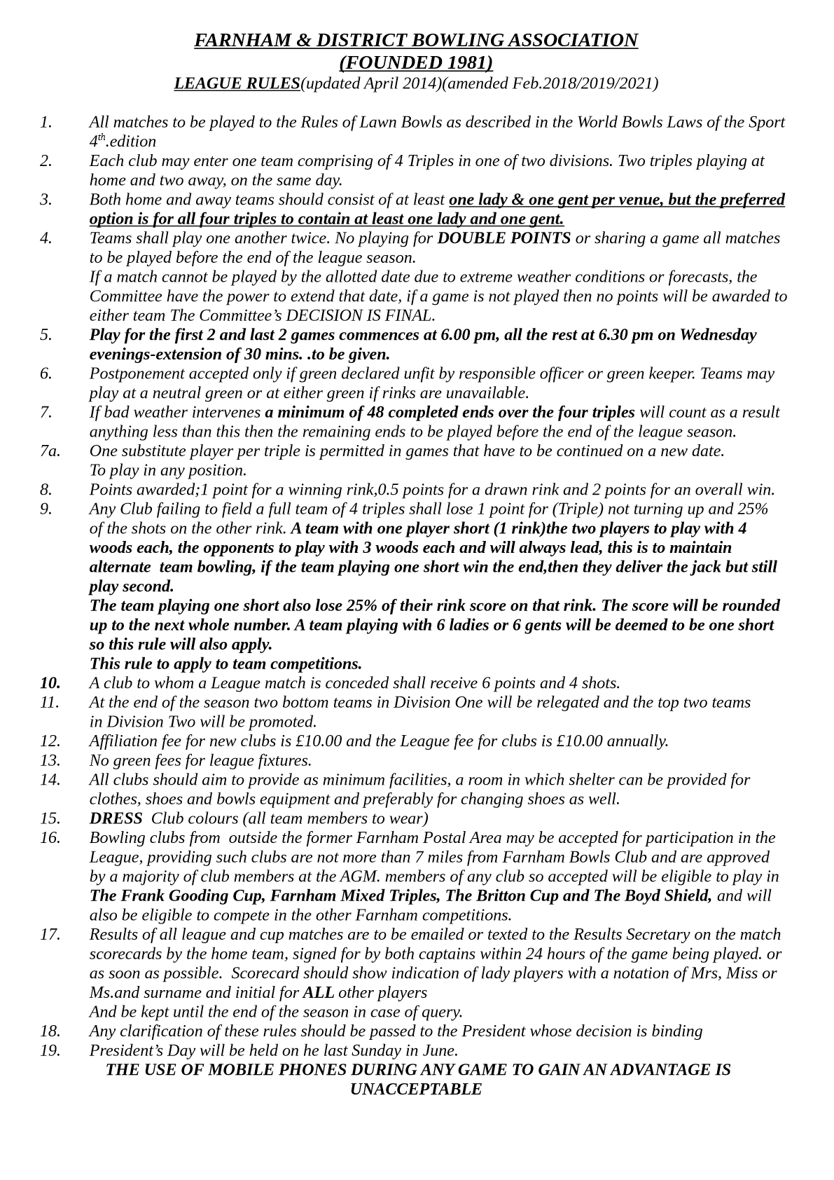  Farnham&District Bowling Association  League Rules