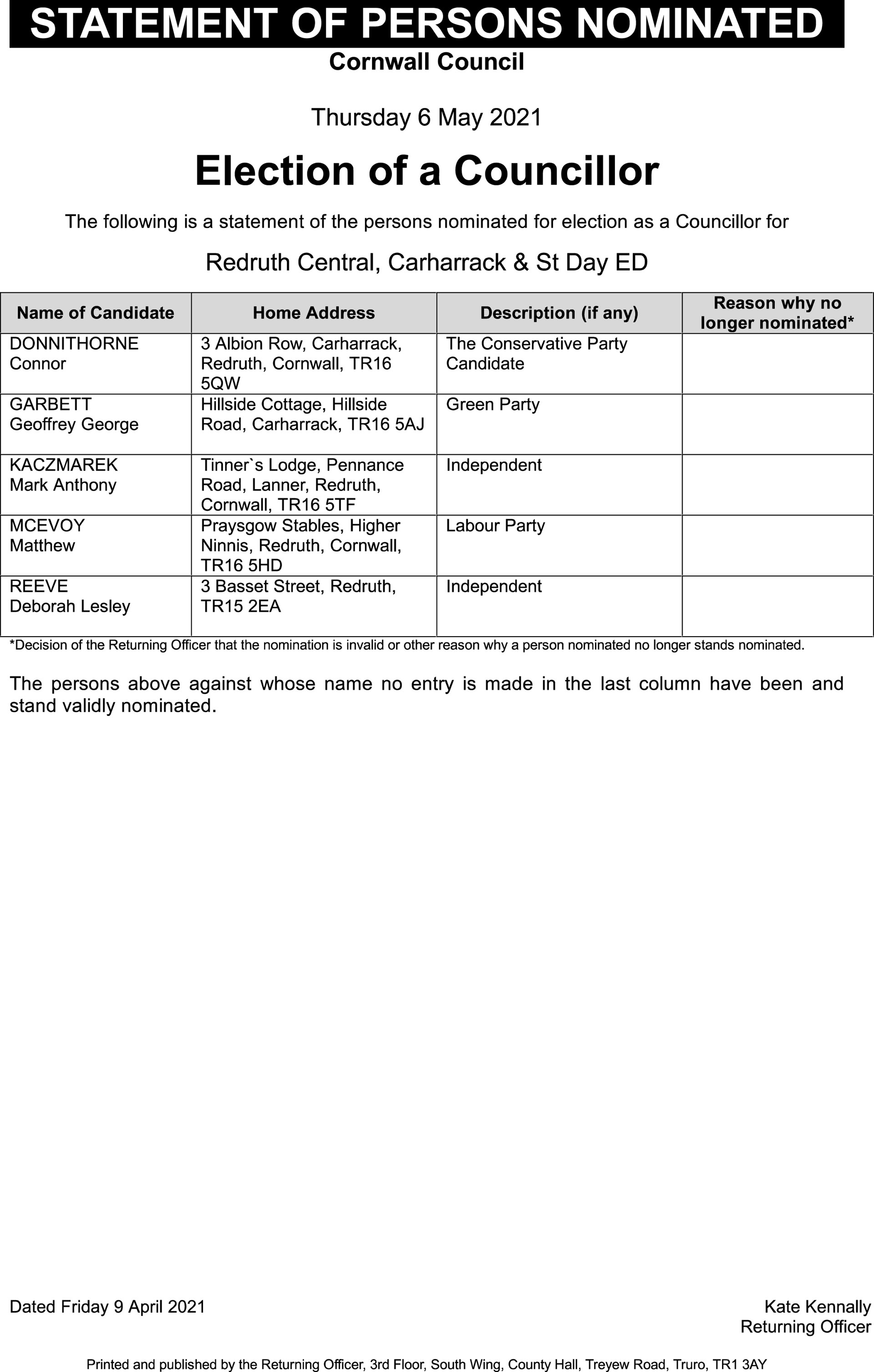 Carharrack Parish Council Notices of Elections 2021