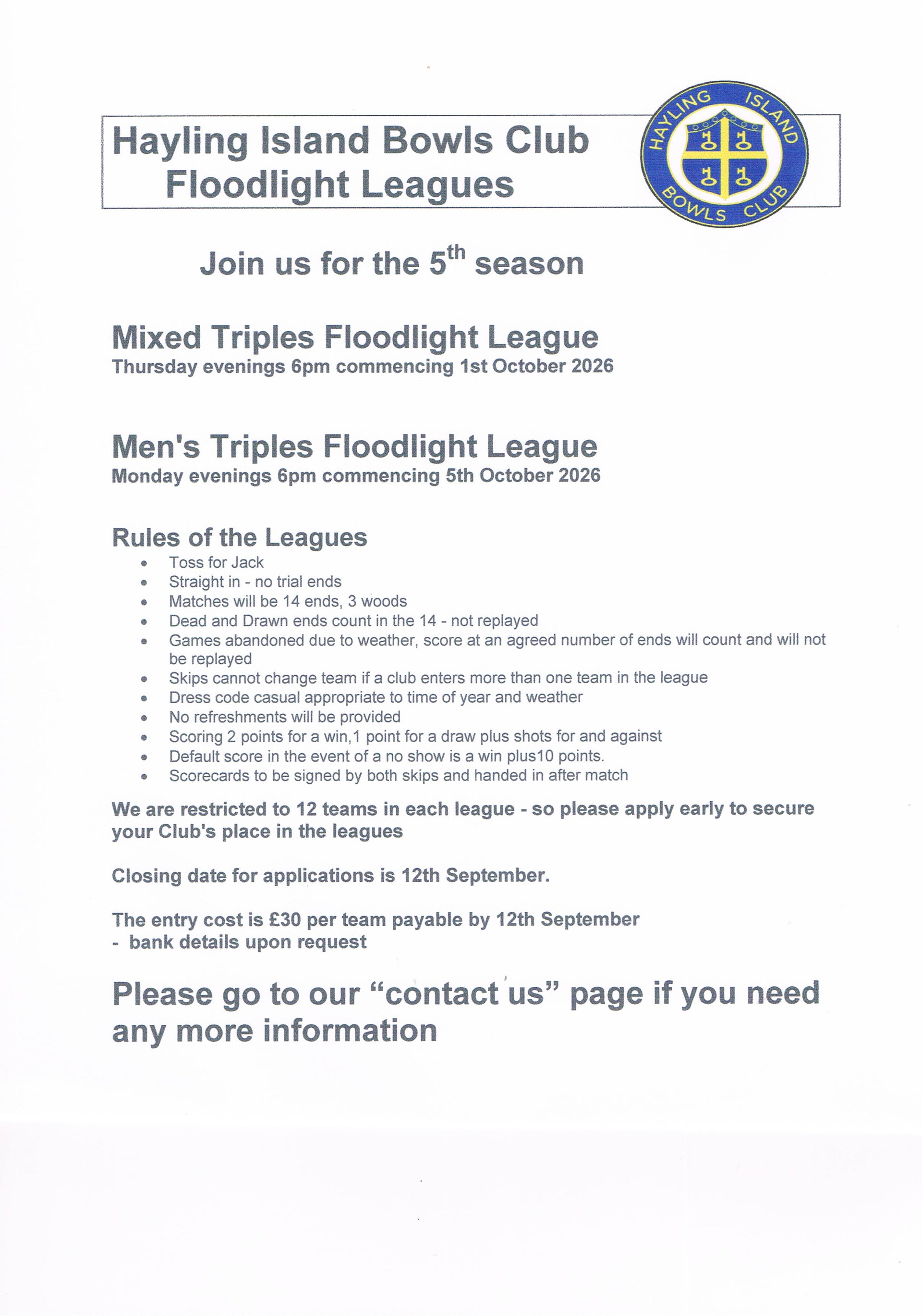 Hayling Island Bowls Club Latest Floodlight Results
