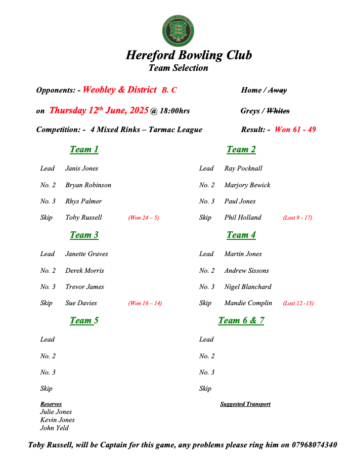 Hereford Bowling Club Weobley - Tarmac League - 12/06/25