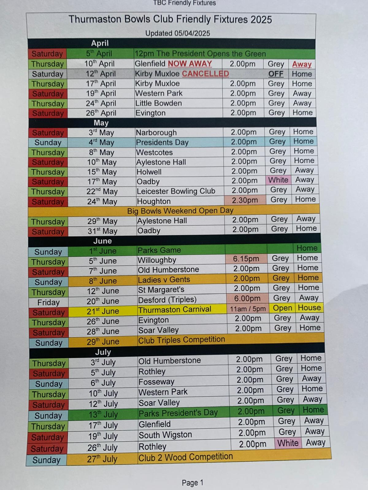 Thurmaston Bowls Club Friendly Fixtures 2025 Thurmaston Bowls Club Friendly Fixtures 2025