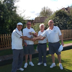 Drawn pairs winners Bruce Acock & James Murphy receiving trophy from runners up Mick Boddington & Richard Lambert