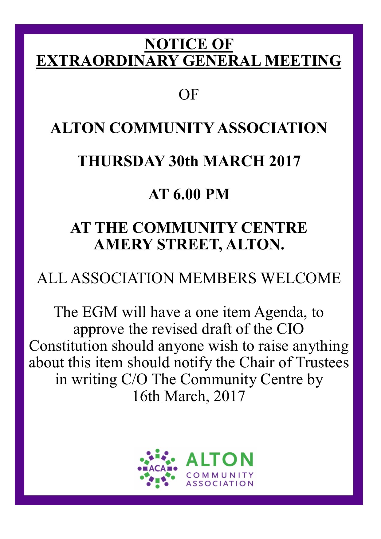 Alton Community Centre Extraordinary General Meeting Alton Community Centre Extraordinary General Meeting