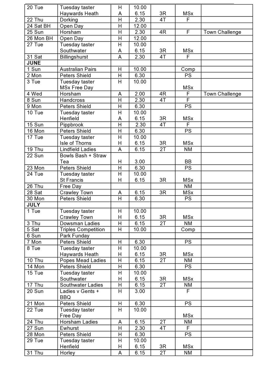 Horsham Park Bowls Club FIxture 2025