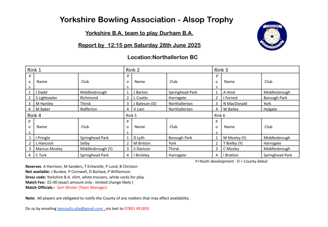 Yorkshire Bowling Association 28th June 25 v Durham@Northallerton BC