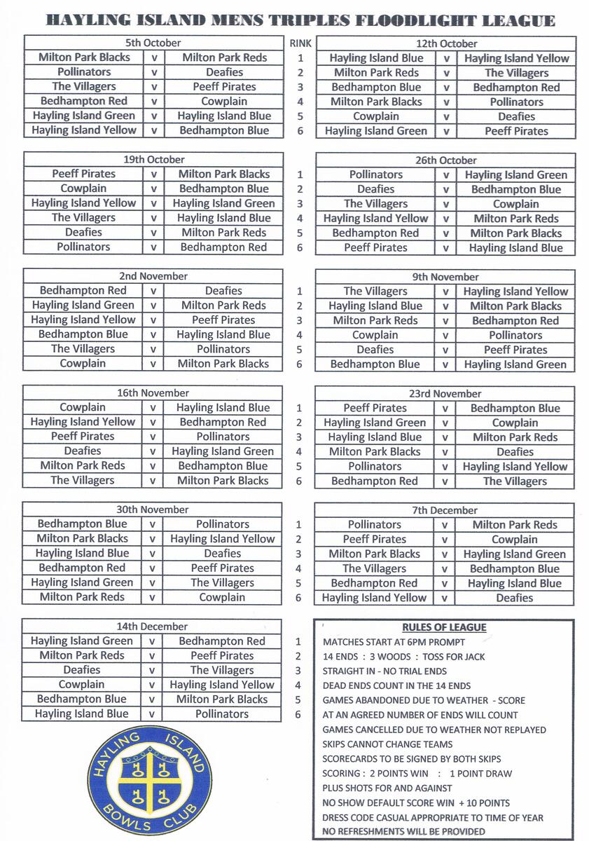 Hayling Island Bowls Club Floodlight Match Schedule