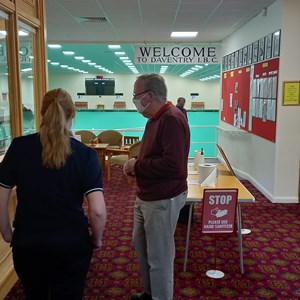 Chairman Trevor welcomes Annie to Daventry Indoor Bowls Club "The Eagles"