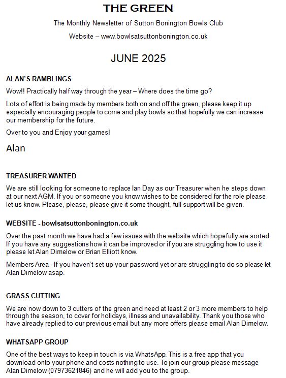 Sutton Bonington Bowls Club Club Newsletters