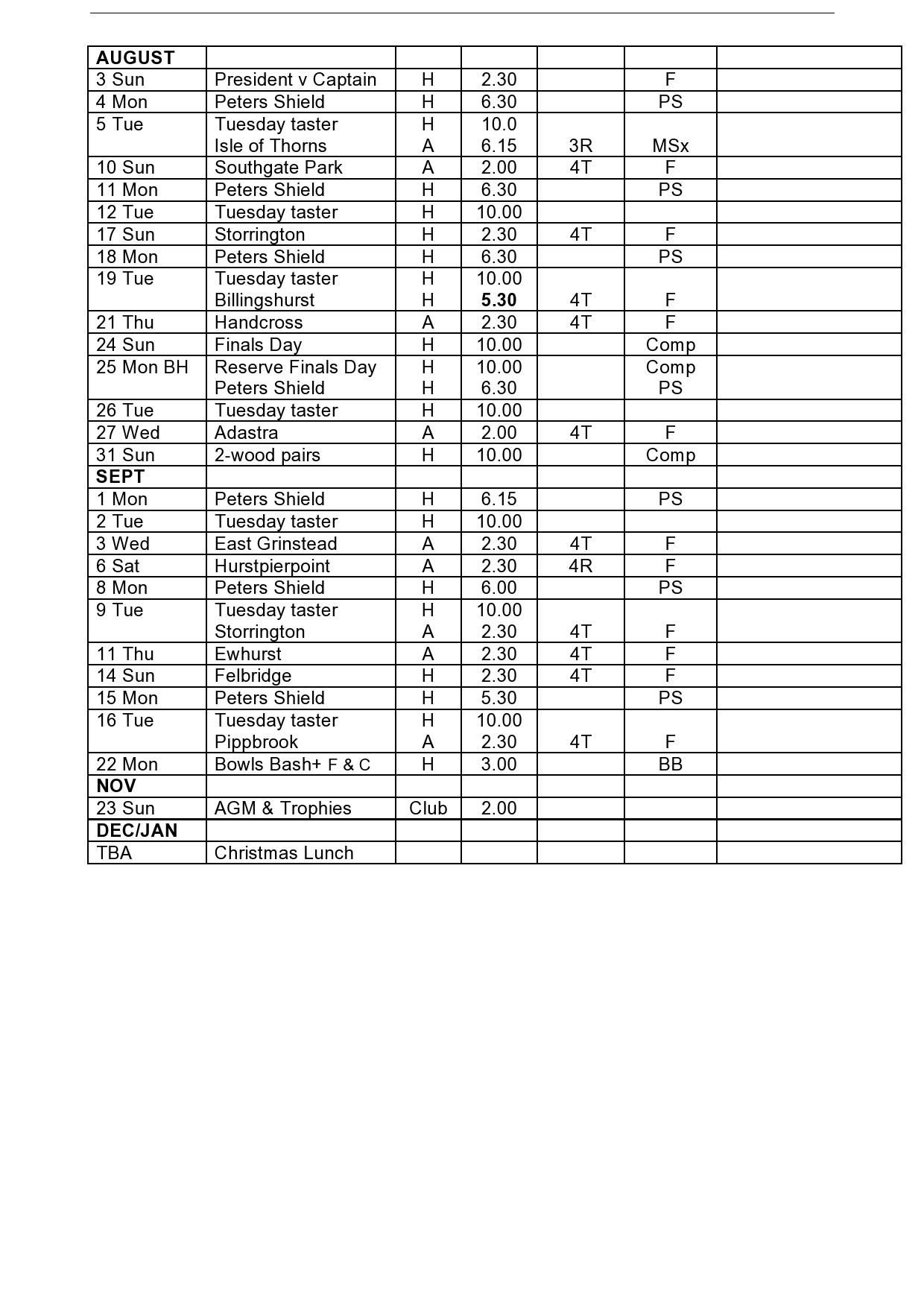 Horsham Park Bowls Club FIxture 2025