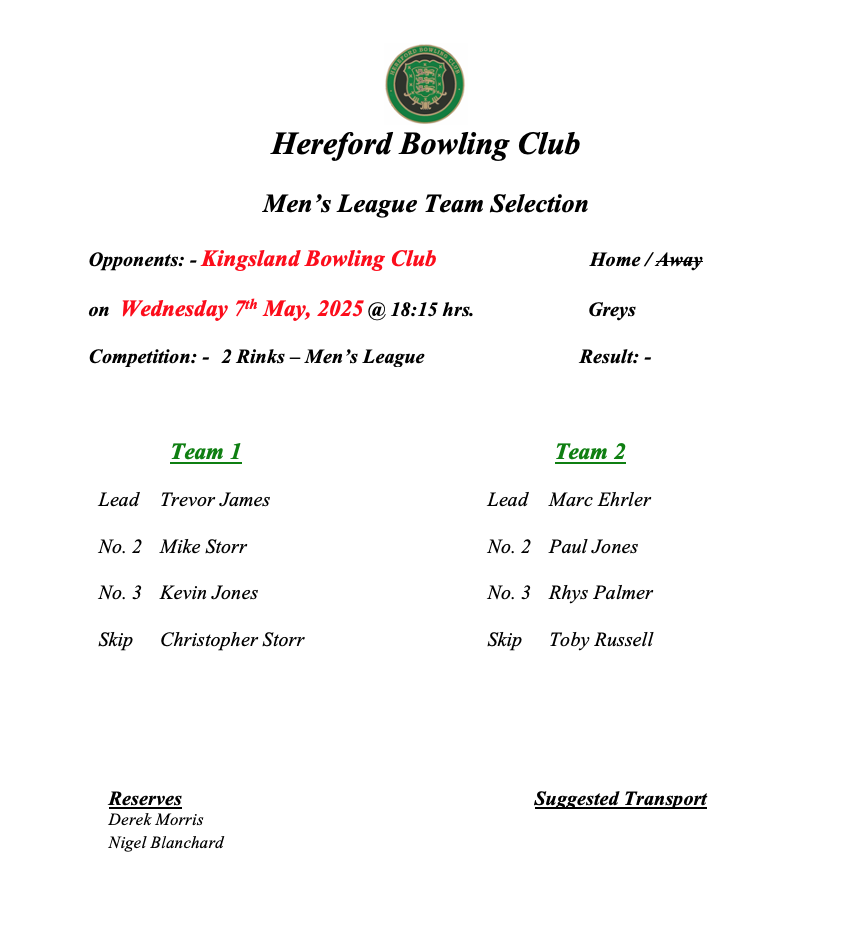 Hereford Bowling Club Kingsland - Men's League - 07/05/25