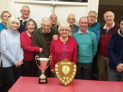 Division 3 Winners 2018 (L to R) Ann Cusdin, Jenny Owen, Dave Laker, Colleen Laker, Peter Craddock, Richard Lambert (Captain) Mary Slater, Les Cusdin, Brian Abbott, Brian Snow, Gerry Barker & Jonny Abbott