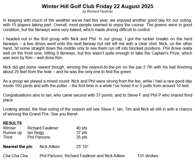 Bracknell Cavaliers Golf Society Winter Hill 22 August 2025
