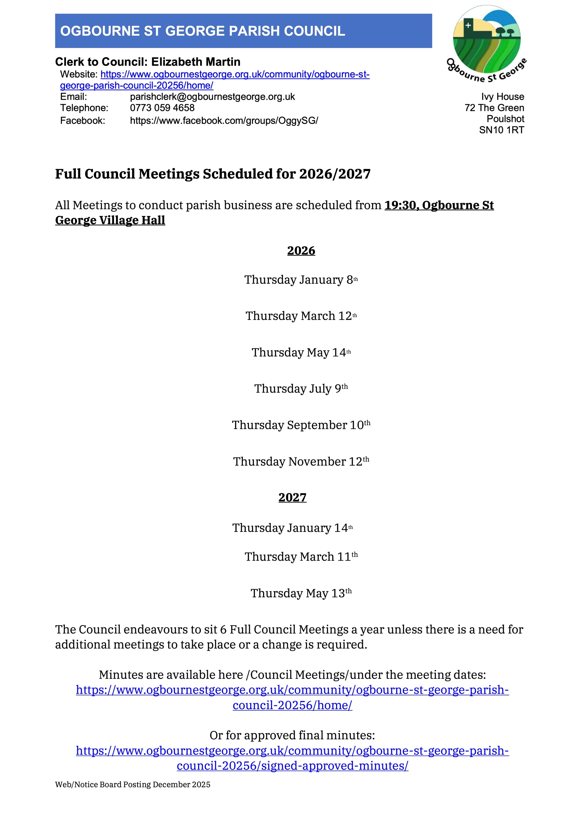 2026-2027 Full Council Meetings