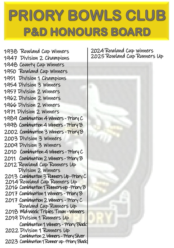 Priory Bowls Club P & D Team Honours Board