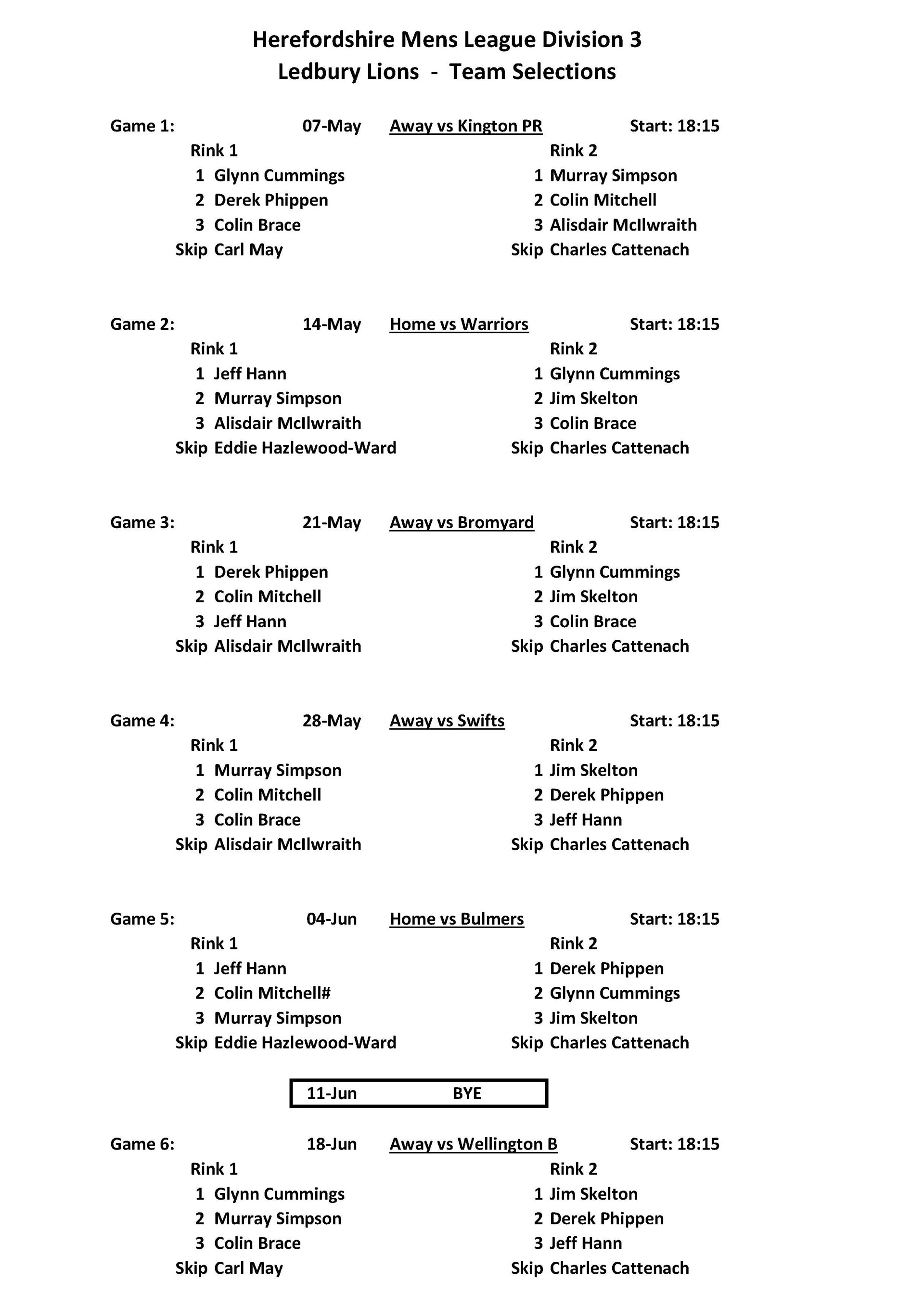 Ledbury Bowling Club Selections 7th May - 18th June