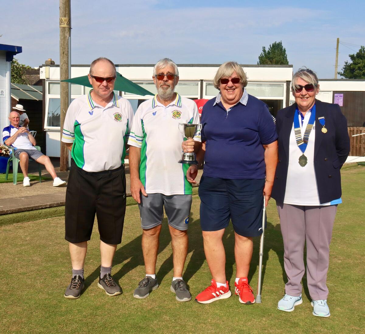 Secretary's Pairs winners John Holroyd and Graham Patrickson with Secretary Nina Rawlins and President Rita Downs.