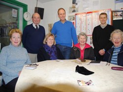 The Navy News Tuesday evening team, l to r: Ms Jennifer Grayston-Pearce, Cdr Gerry Williams (Editor), Lesley Taylor, Christopher Webb, Sue Ffitch, Stuart Waterman (Recorder) and Nancy Thompson.