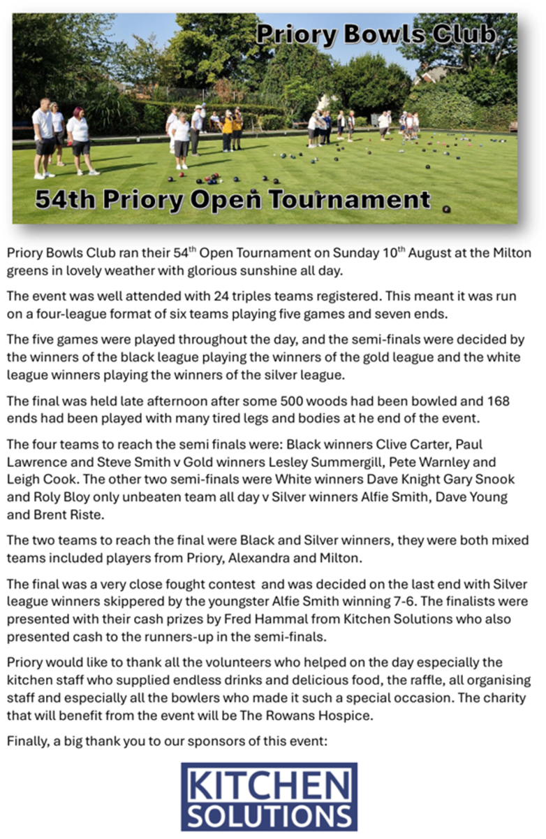 Priory Bowls Club 54th Priory Open Tournament Report