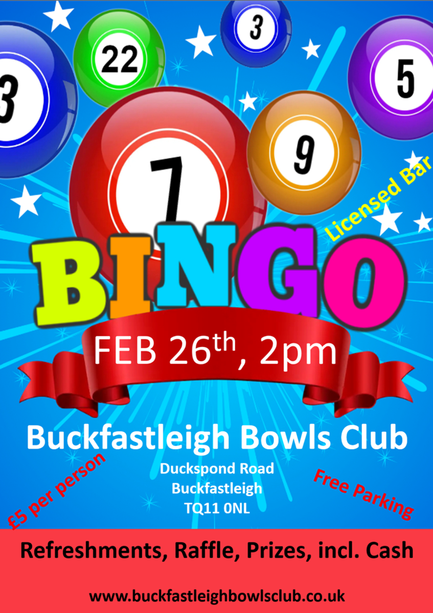 Buckfastleigh Bowling Club Bingo Wednesday 26 February 2025, 2pm