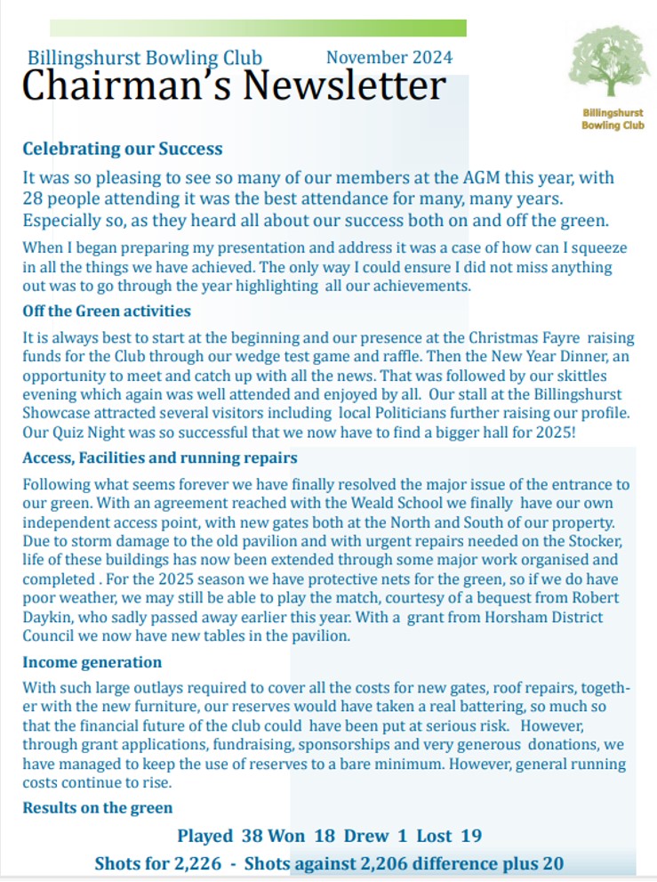 Billingshurst Bowling Club Newsletter November 2024