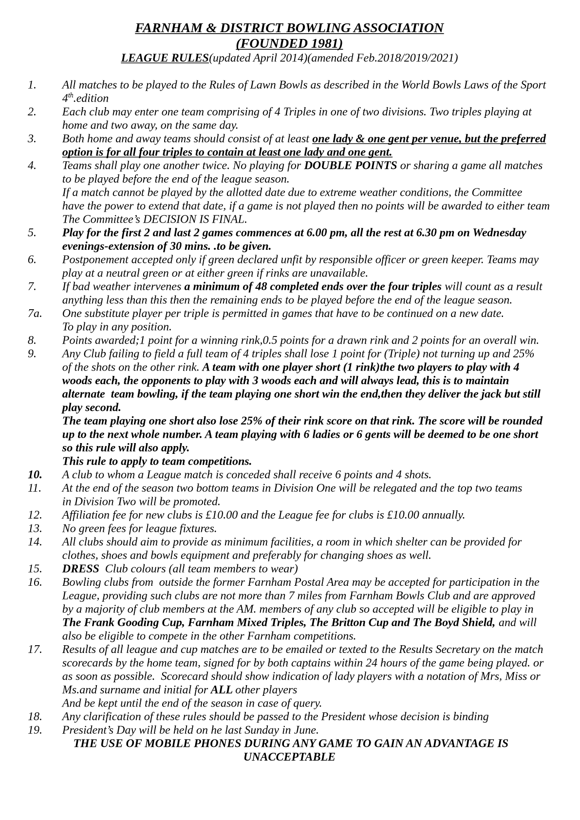  Farnham&District Bowling Association  League Rules
