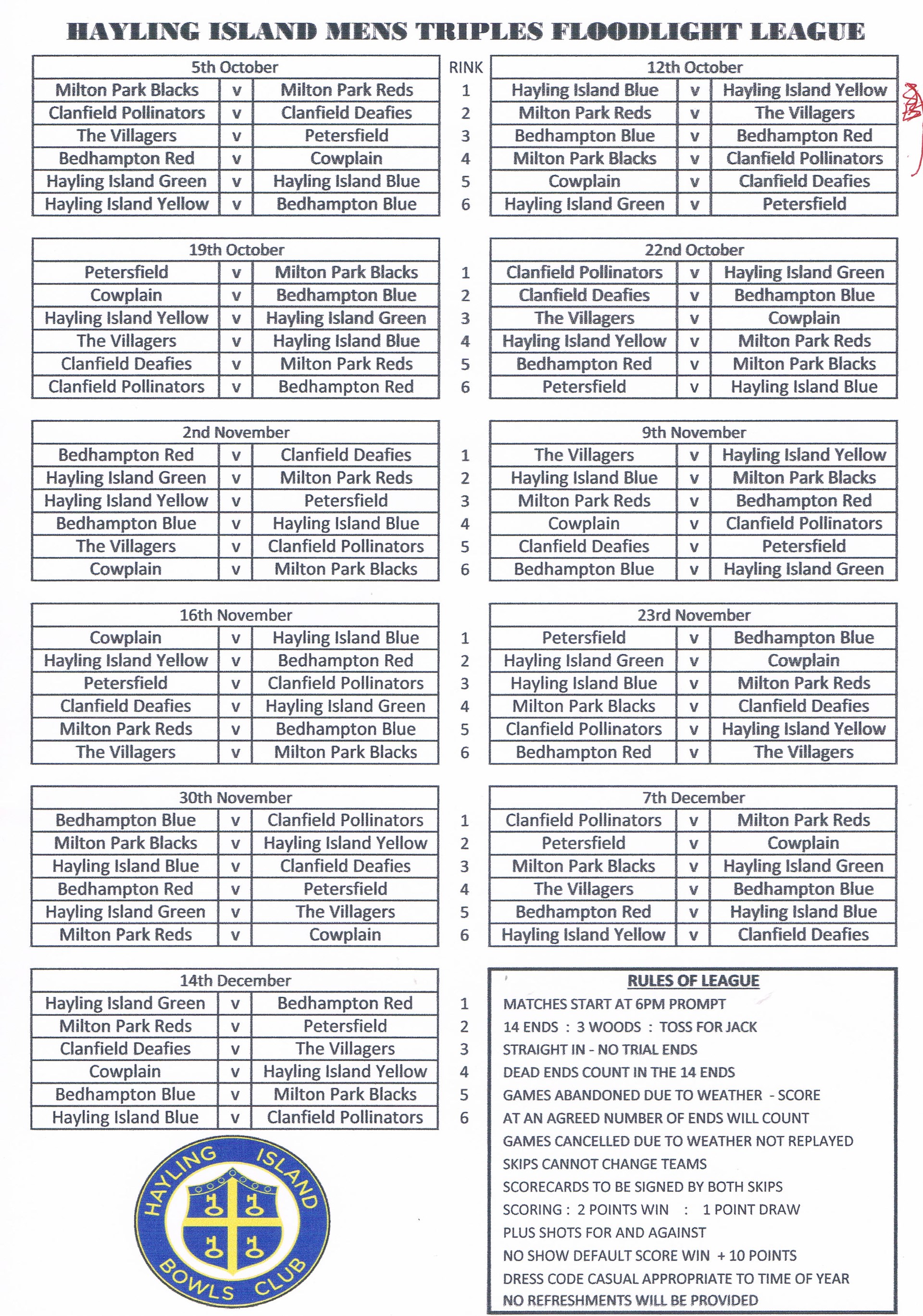 Hayling Island Bowls Club Floodlight Match Schedule