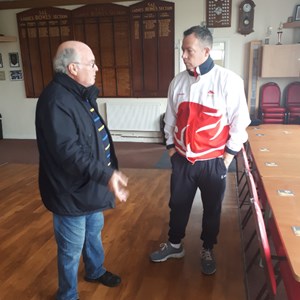 William Keeney from Corby Seagrave (was Stewart & Lloyds) Bowls Club welcoming David Bolt CWG18 medalist to the club