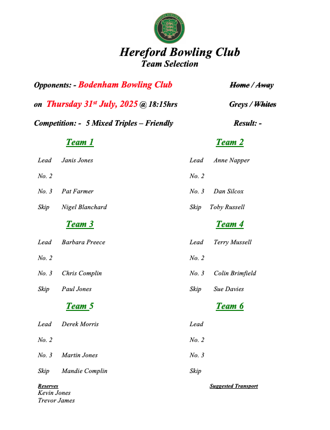 Hereford Bowling Club Bodenham - Friendly - 31/07/25