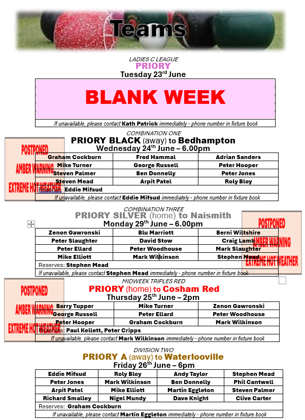 Priory Bowls Club Teams for week beginning 22nd June