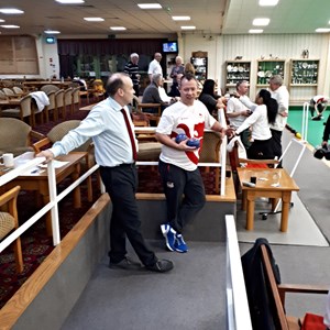 Local Daventry MP Chris Heaton-Harris getting the low down on Bowls and some Bowling tips from CWG18 medalist David Bolt at Daventry Indoor Bowls Club on Friday 27 April 2018