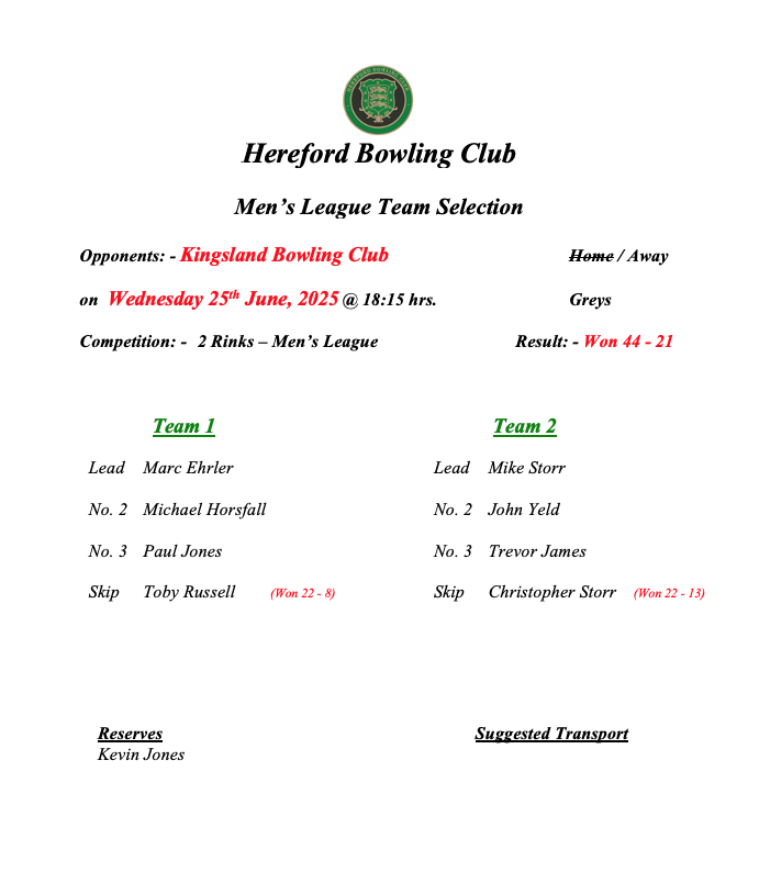 Hereford Bowling Club Kingsland - Men's League - 25/06/25