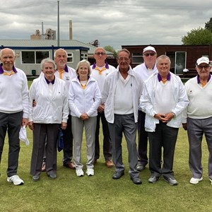 Barnack Saxons pictured before their defeat by Ketton Kites on 6 May. From the left: (back row) Charlie Jones, Dave Carter and John Innes; (front) Mike Williamson, Jane Innes, Sue Williamson, John Broadbelt, Roy Chowings and Trevor Goodwin