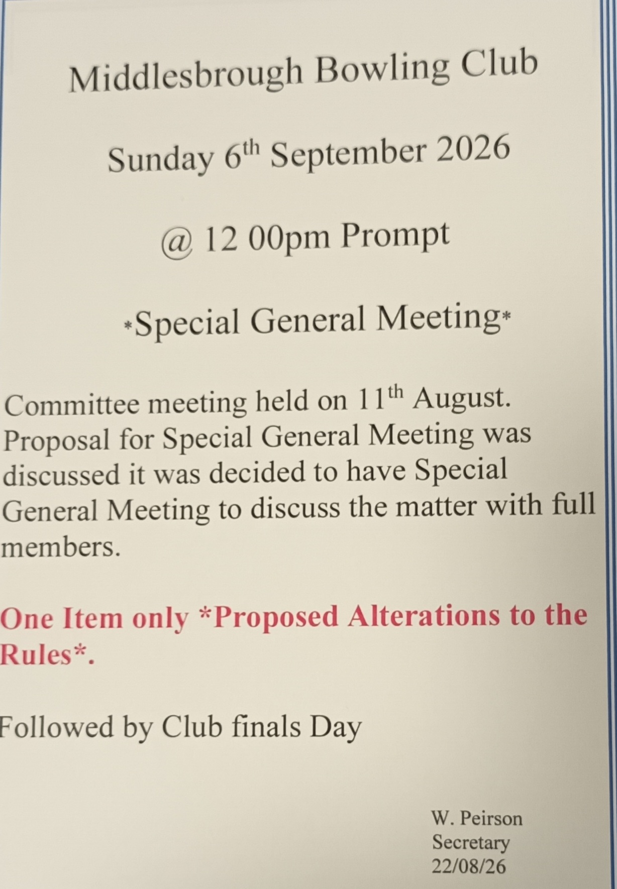 Middlesbrough Bowling Club Special Meeting