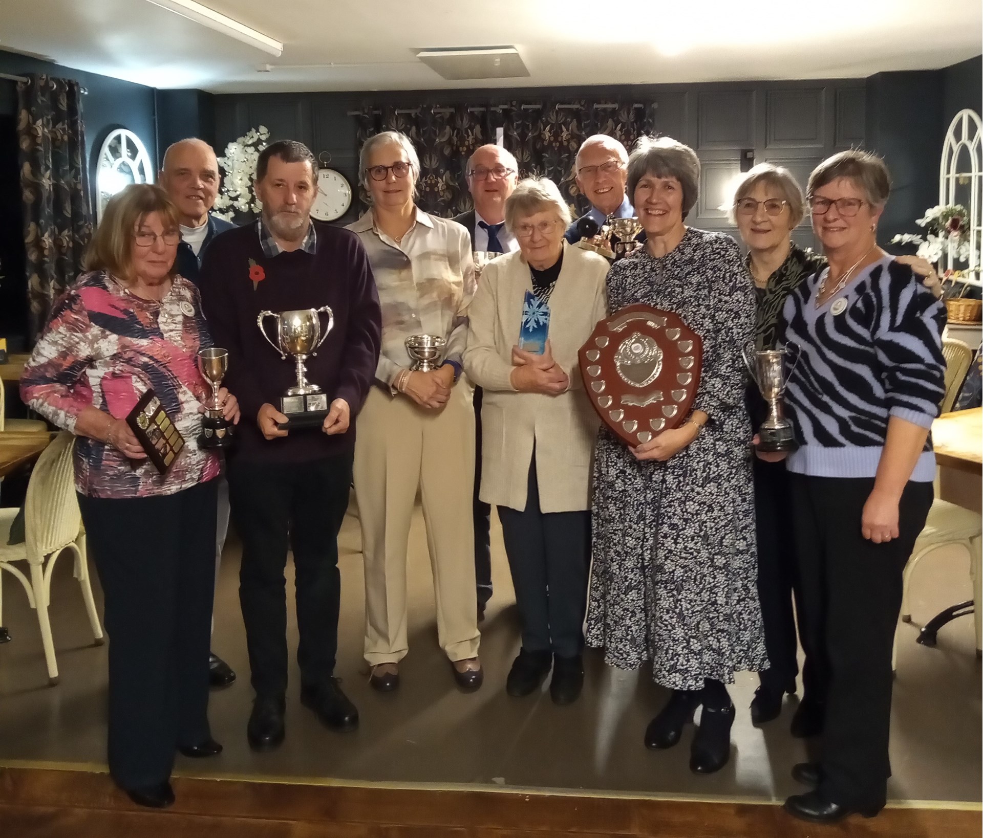 Trophy winners L - R Jeannie Hutton, Bruce Acock, Jonny Abbott, Liz Dyer, Richard Lambert, Liz Hosmer, Gordon Corby, Lorna Lambert, Colleen Laker & Clare Thomas. (Missing are Kevin Thomas, Michelle Rawlings & Dave Edwards)