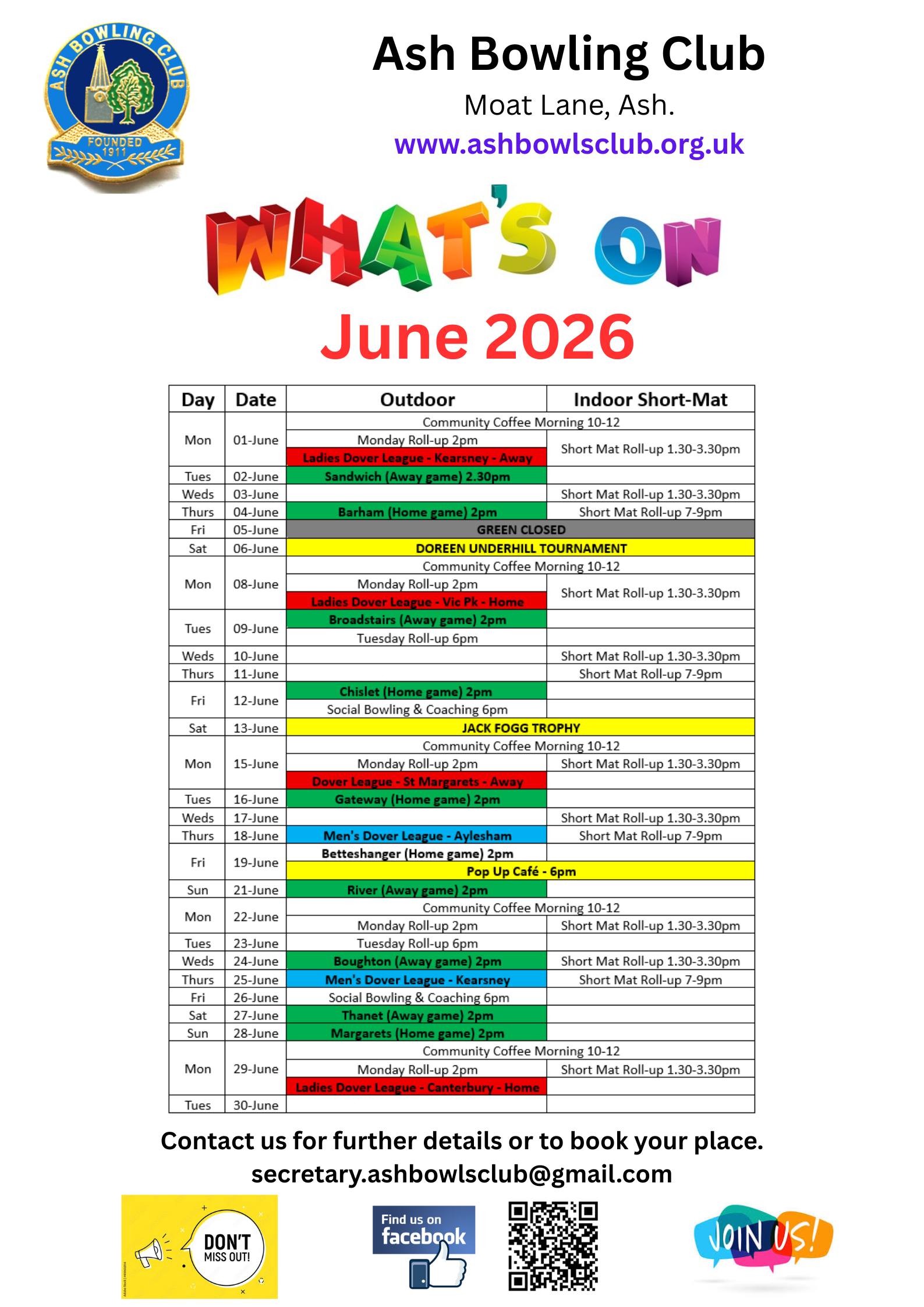 Ash Bowling Club What's On & Club Fixtures