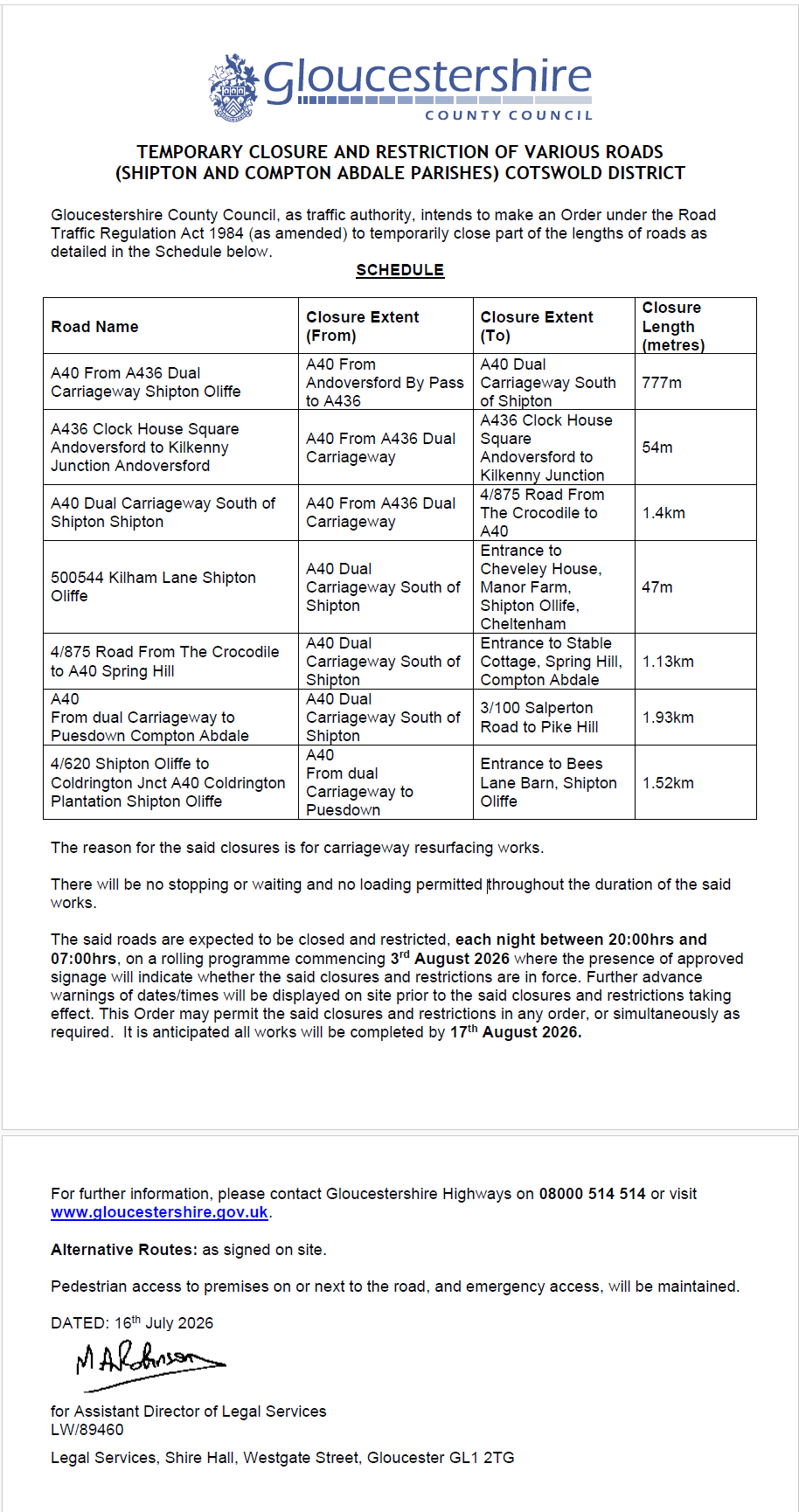 Shipton Village Forthcoming Road Closures