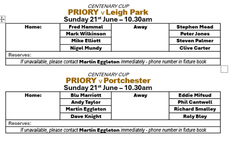 Priory Bowls Club Teams week beginning 15th June