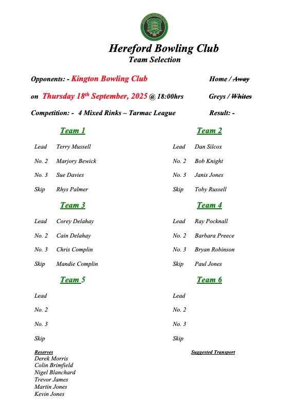 Hereford Bowling Club Kington - Tarmac League - 18/09/25