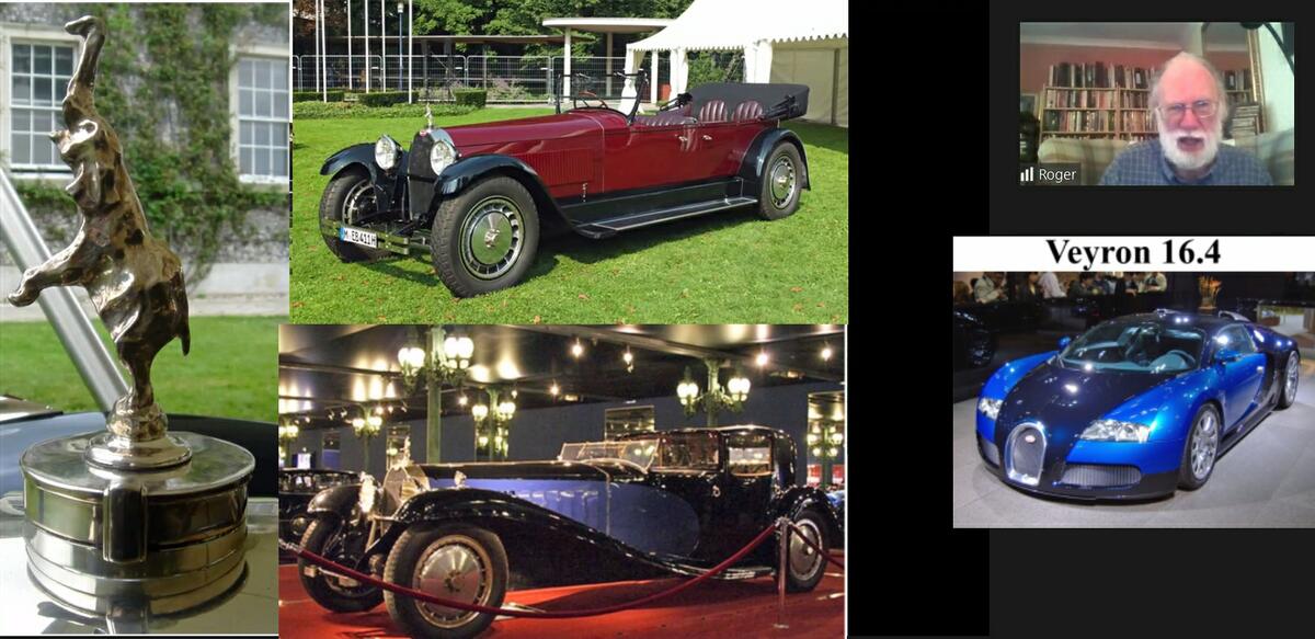 a Bugatti Royale with family bronze sculptured radiator mascot, a Bugatti Veyron and speaker Roger Hamilton.