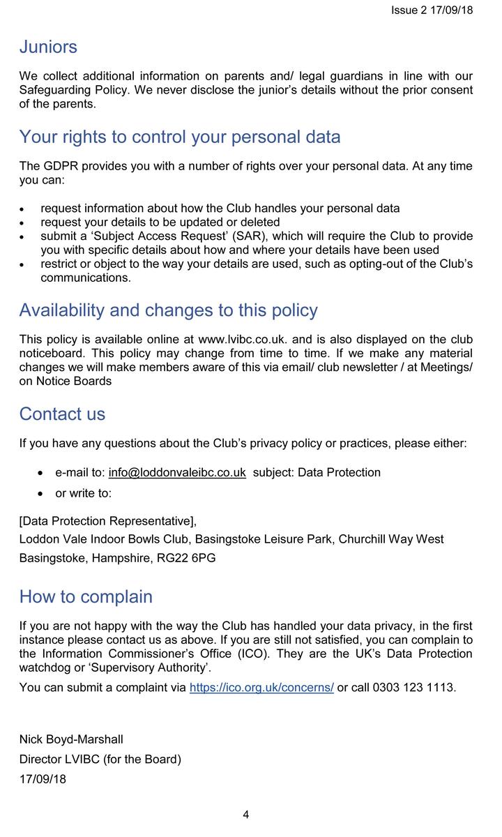 Loddon Vale Indoor Bowls Club Loddon Vale GDPR Policy Notice