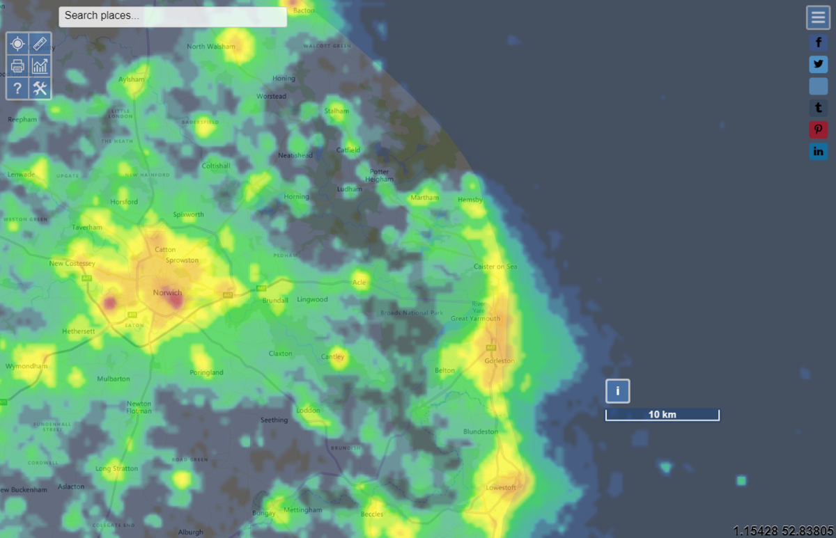 © 2021 Microsoft Corporation  © 2021 TomTom  Terms of Use Jurij Stare, www.lightpollutionmap.info (v2.8.1) VIIRS Earth Observation Group, NOAA National Geophysical Data Center