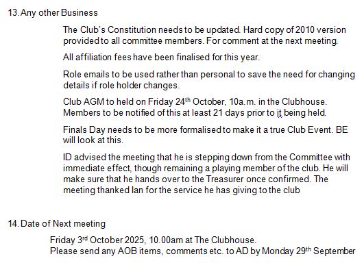 Sutton Bonington Bowls Club Committee Meeting Minutes