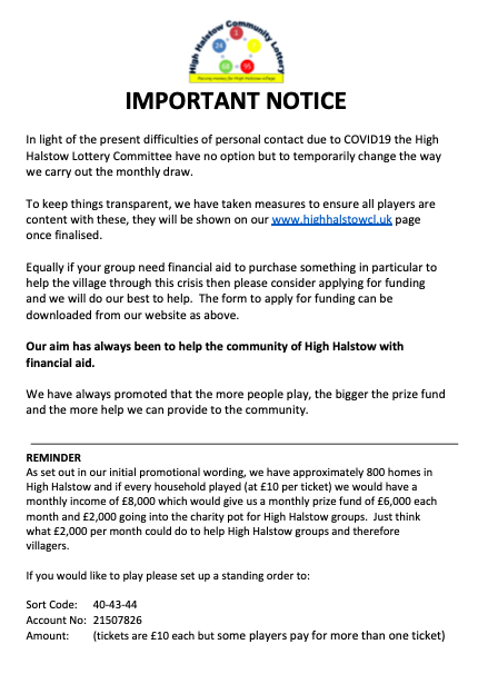 High Halstow Community Lottery IMPORTANT NOTICE COVID19 High Halstow Community Lottery IMPORTANT NOTICE COVID19
