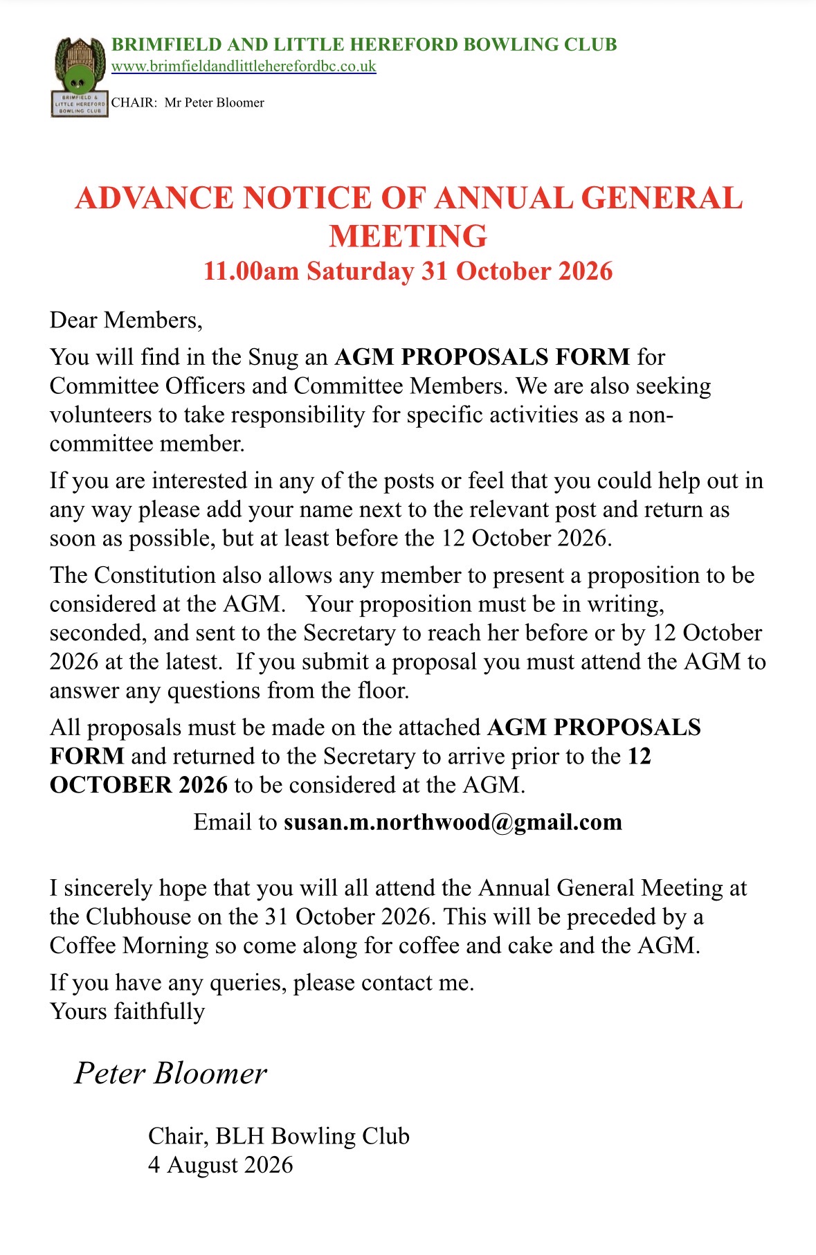 Brimfield and Little Hereford Bowling Club Members Notice