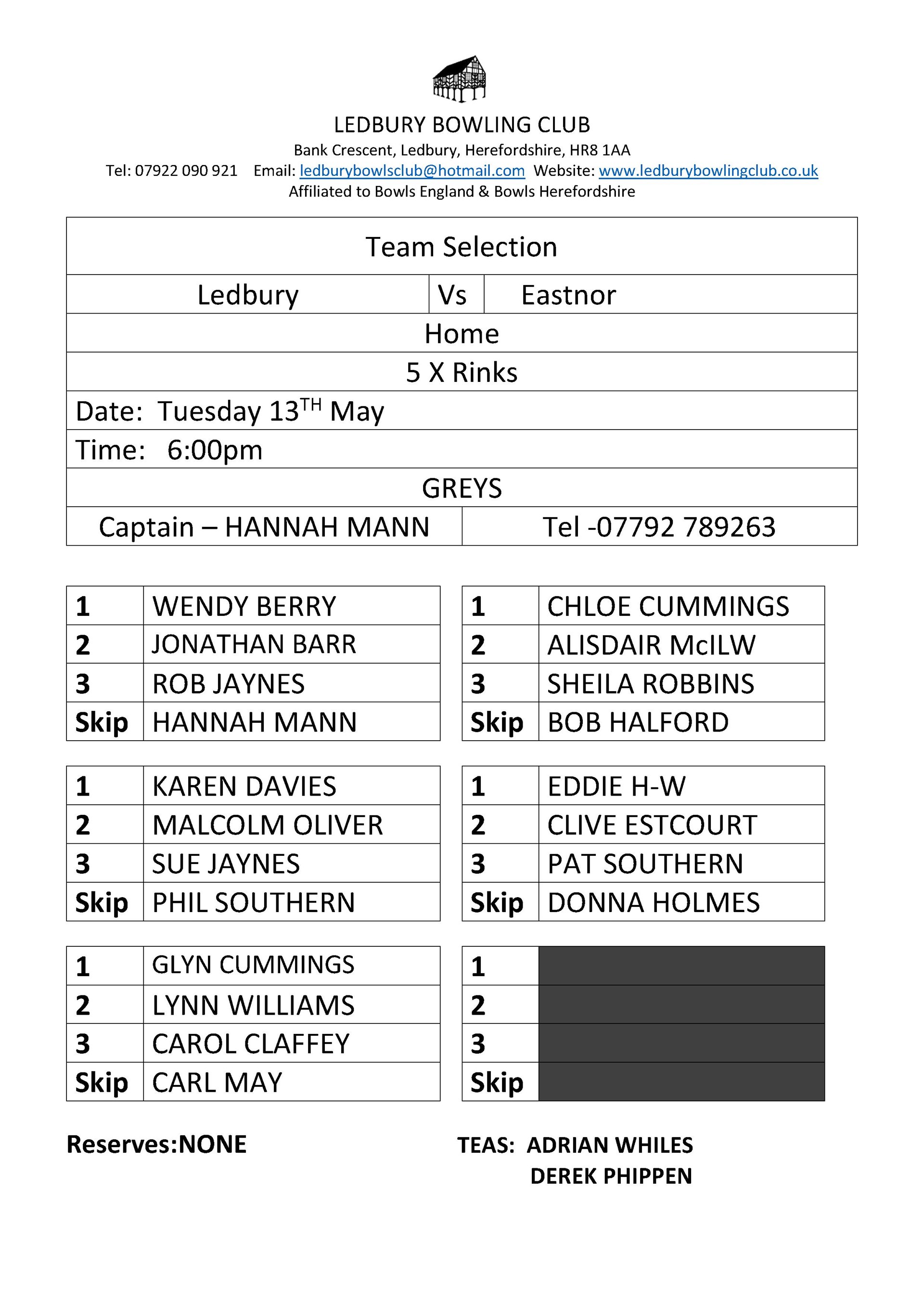 Ledbury Bowling Club Eastnor Tuesday 13th May - Home