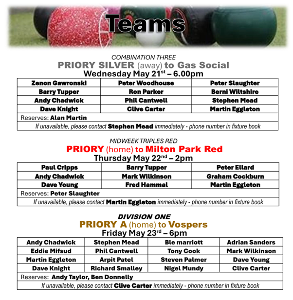 Priory Bowls Club Teams for week beginning 19th May