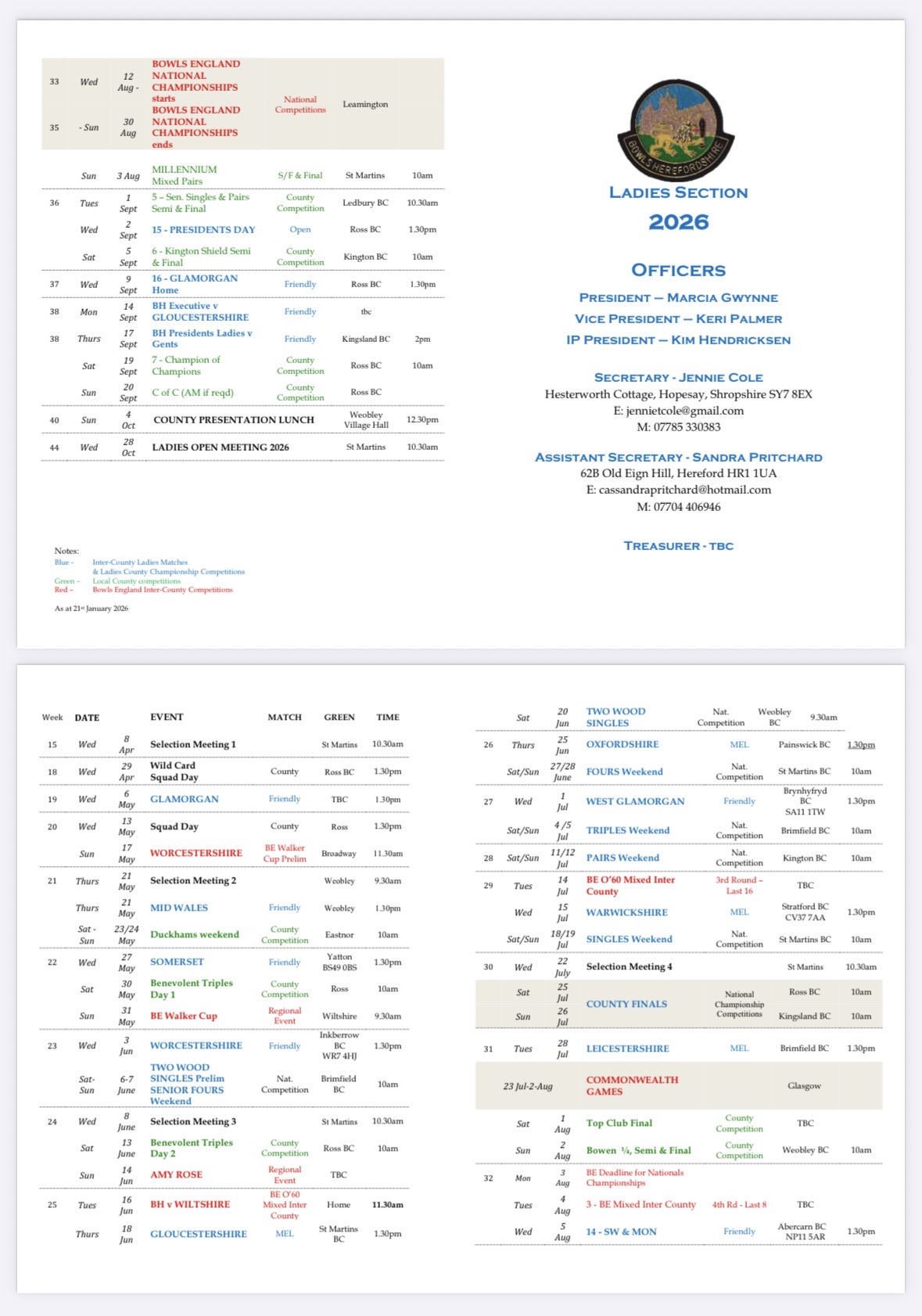Bowls Herefordshire Ladies Competition Schedule 2026