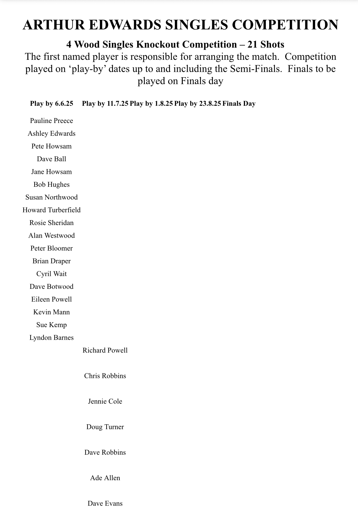 Brimfield and Little Hereford Bowling Club Draw for competitions